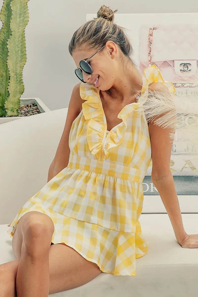 BiBi Ruffled Neckline Sleeveless Check Plaid Peplum Top