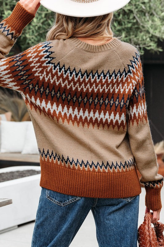 Western Aztec Geometric Colorblock Crewneck Sweate