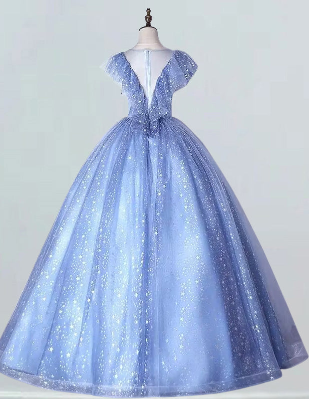 Blue scoop fairy lace long ball gown beaded v neck floor length prom dress