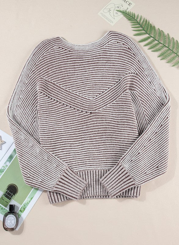 Stripe Ribbed Knit Boat Neck Sweater