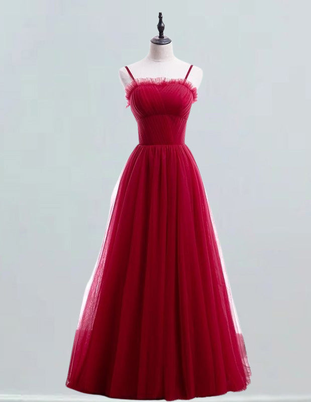 Girls' Elegant Red Tulle Ball Gown | Spaghetti Strap Pleated Quinceanera Dress
