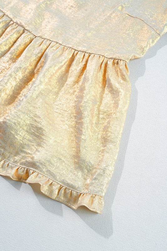 Metallic Frilled V Neck Puff Sleeve Babydoll Blous