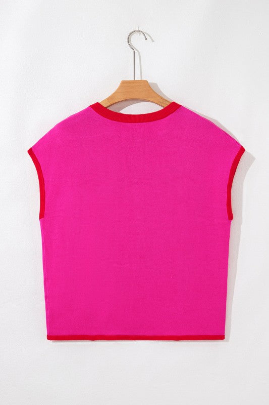 Contrast Trim Crewneck Short Sleeve Sweater