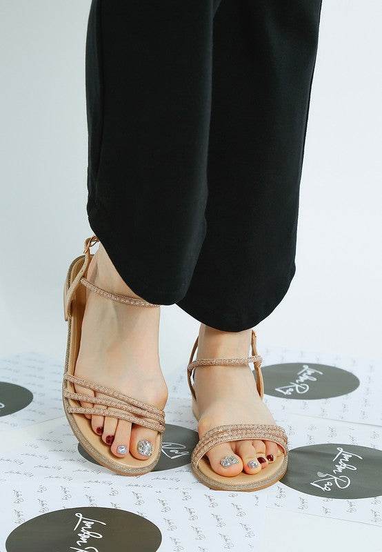 Nobbity Rhinestone Pearl Detail Flat Sandals