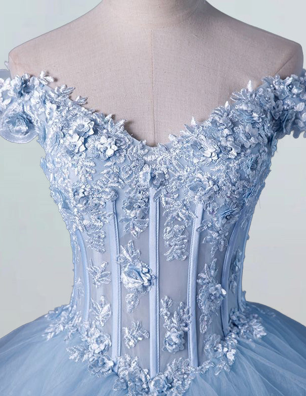 Blue off the shoulder lace applique layered a line tulle ball goen evening dress