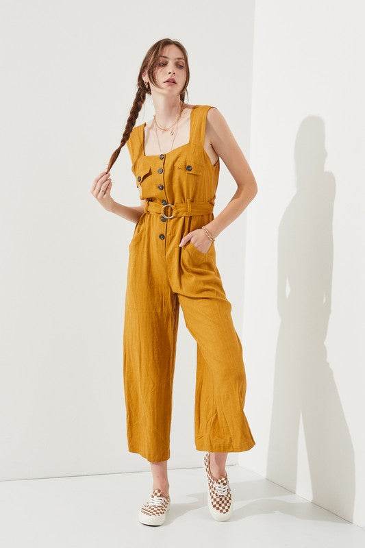 SLEEVELESS SQUARE NECK BUTTON DOWN ANKLE JUMPSUIT