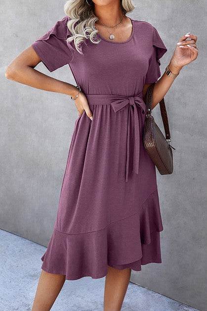 Petal Sleeve Ruffle Trim Wrap Belted Midi Dress