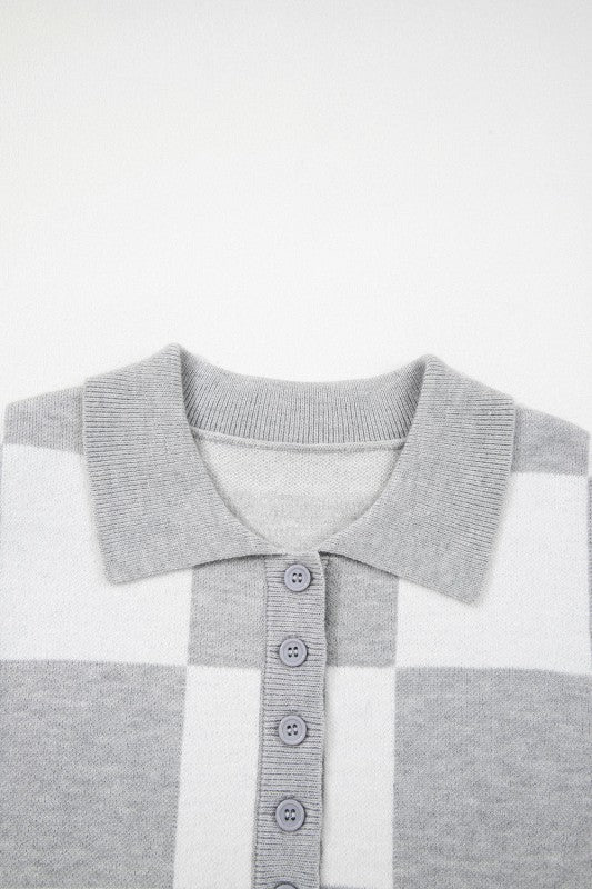 Plus Size Checker Buttoned Polo Collar Sweater