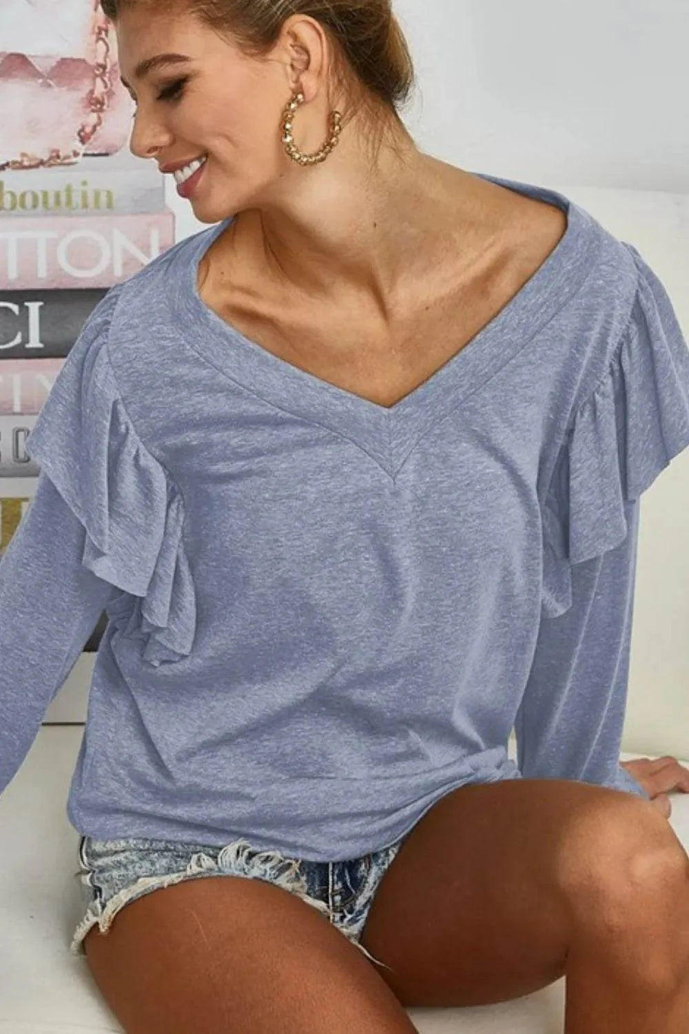 BiBi Triblend V Neck Top with Shoulder Shrring Detail