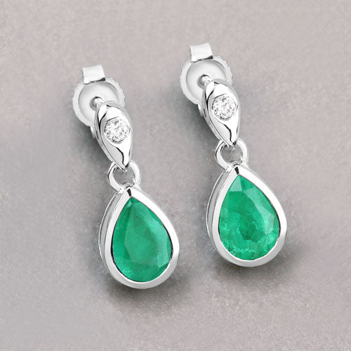1.35 Carat Genuine Zambian Emerald and White Diamond 10K White Gold Earrings