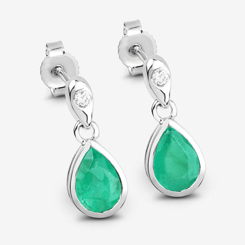 1.35 Carat Genuine Zambian Emerald and White Diamond 10K White Gold Earrings