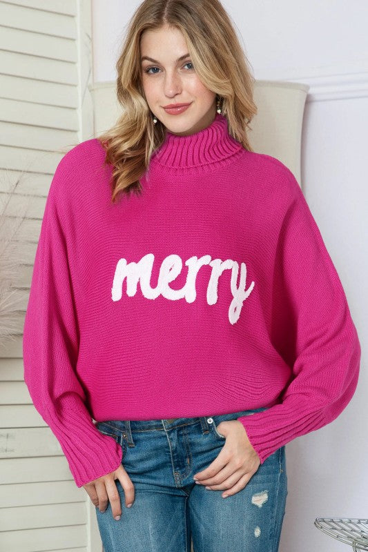 Christmas Merry Embroidered Puff Sleeve Turtleneck