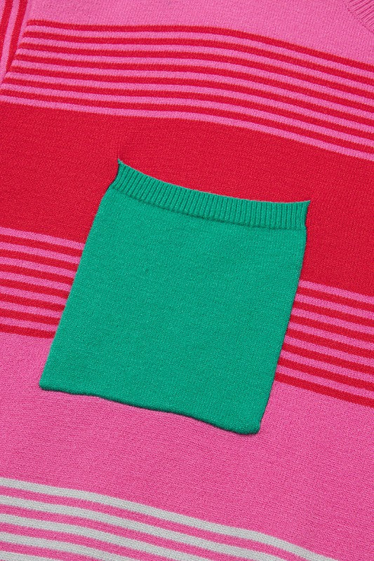 Striped Knit Patch Pocket Drop Shoulder Sweater