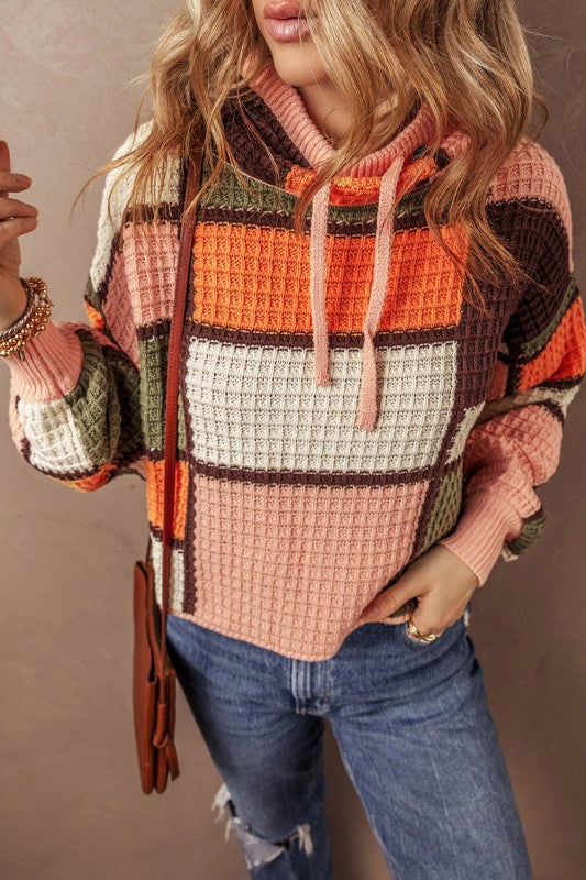 Colorblock Waffle Knit Drawstring Mock Neck Sweate