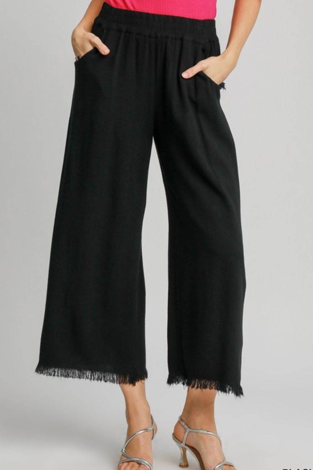 Umgee Full Size Linen Blend Elastic Waistband Wide Leg Pants Plus Size