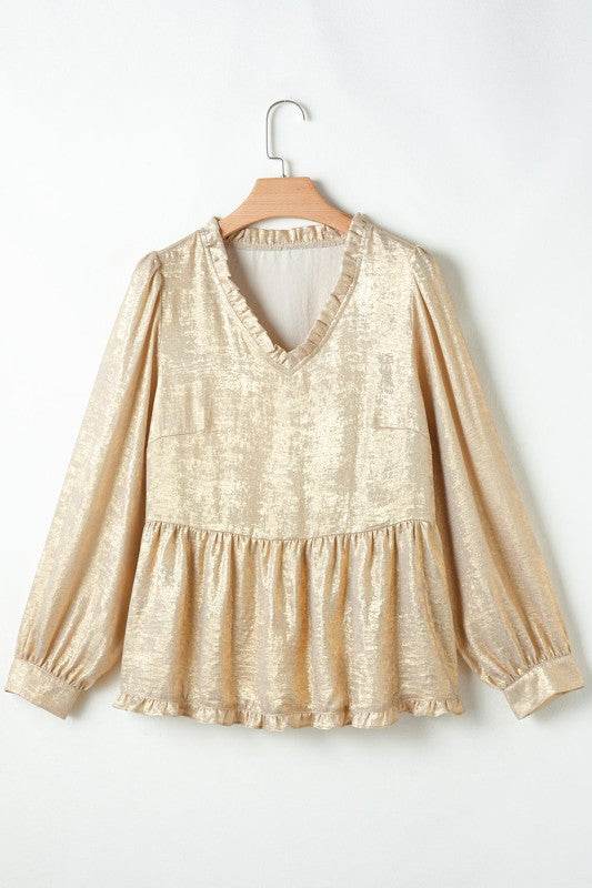 Metallic Frilled V Neck Puff Sleeve Babydoll Blous