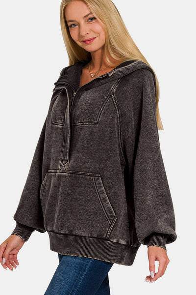 Zenana Acid Wash Fleece Kangaroo Hoodie