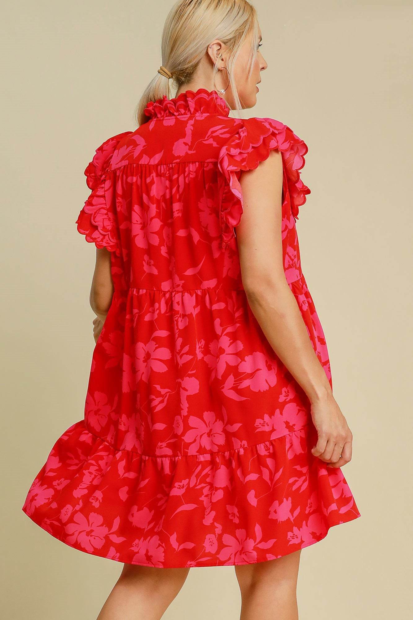 Umgee Full Size Two Tone Floral Print Ruffle Cap Sleeve Mini Dress Plus Size