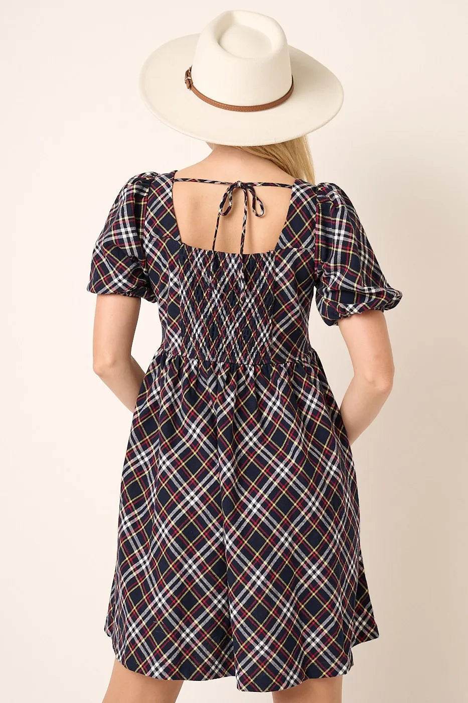 Mittoshop Checkered Print Puff Sleeve Babydoll Mini Dress