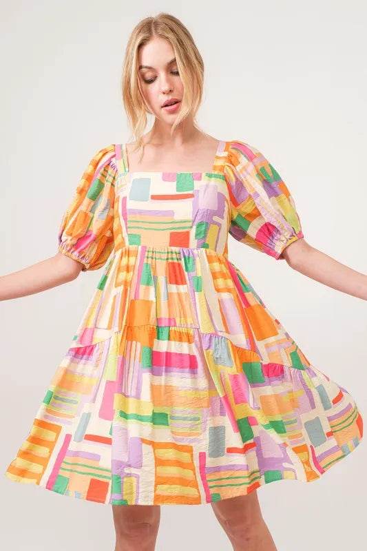 And The Why Square Neck Puff Sleeve Geo Printed Mini Dress