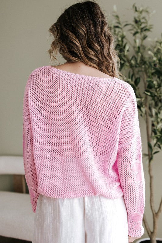 Dulce Big Flower Hollowed Knit Drop Shoulder Sweat