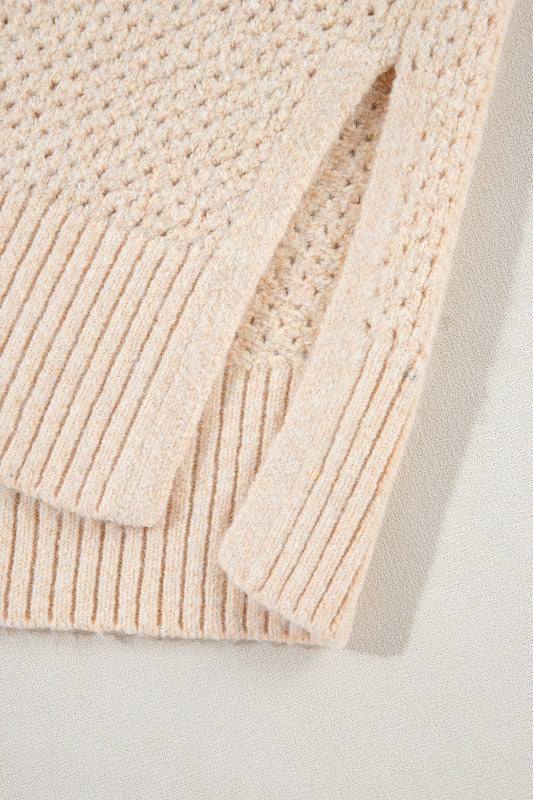 Solid Eyelet V-Neck Drop Shoulder Sweater