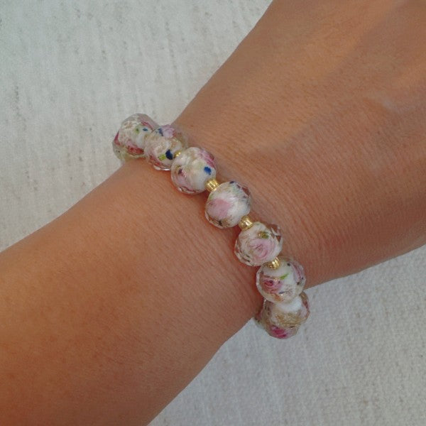 Vintage Rose Glass Bead Stretch Bracelet – Elegant