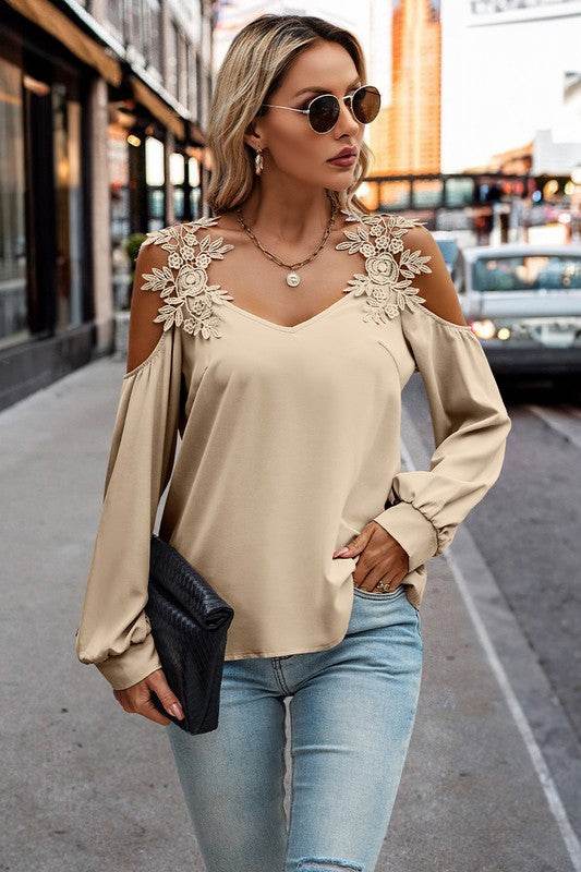 Contrast Low Back Lace Cold Shoulder Top