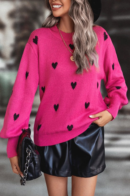 Heart Print Knit Round Neck Loose Fit Sweater