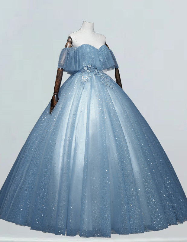 Blue Floor length Ball Gown Off-the-shoulder Princess Bridal Dress Applique Lace Evening DressTulle A line Long Formal Party Gown