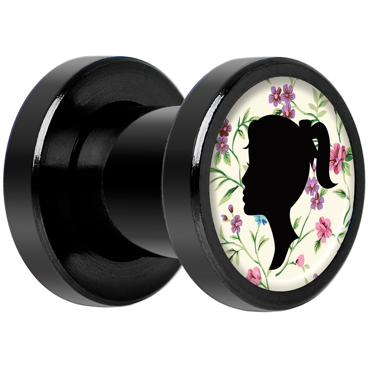 Man Woman Floral Silhouette Black Anodized Screw Fit Plug Set 2G