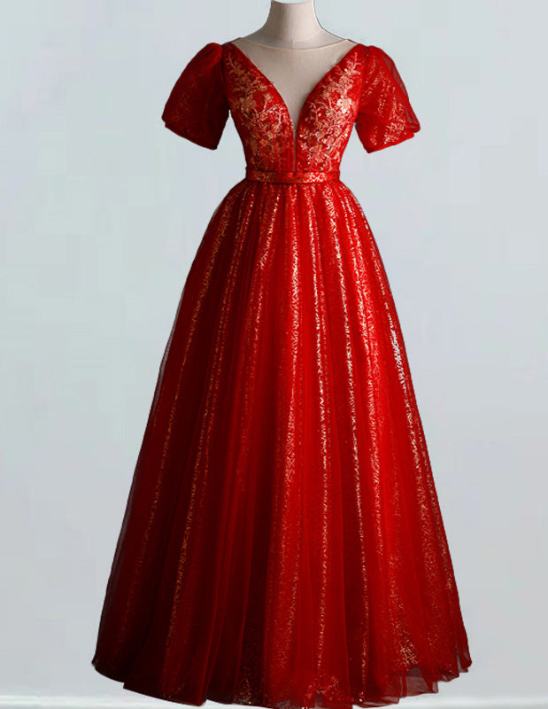 Women's Red Sequin V-Neck Tulle Evening Ball Gown | Elegant Prom & Bridesmaid Dress