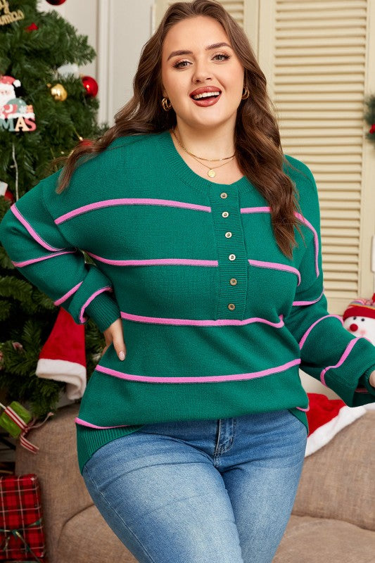 Plus Size Stripe Half Button Drop Shoulder Sweater