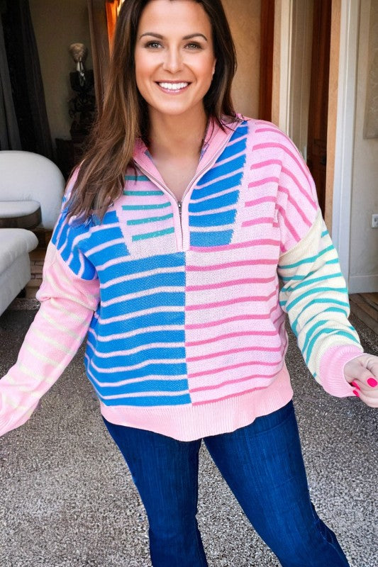 Plus Size Stripe Colorblock Half Zip Sweater