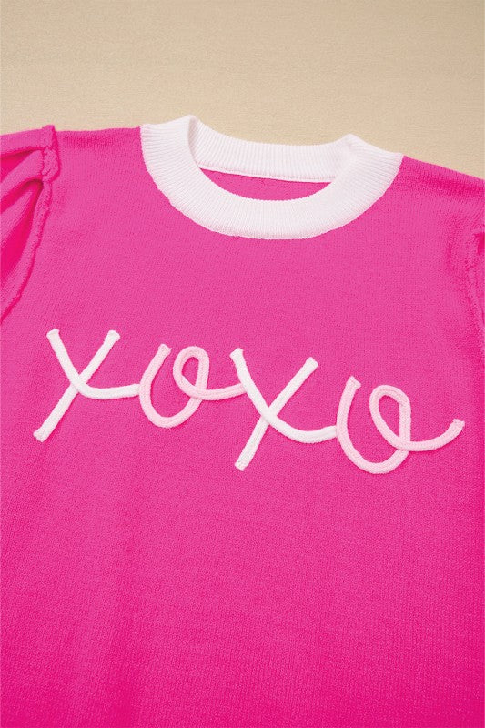 Valentines XOXO Embroidered Puff Sleeve Sweater Te