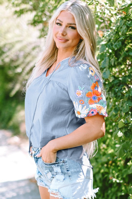 Hadlee Floral Embroidered Puff Sleeve Split Neck B
