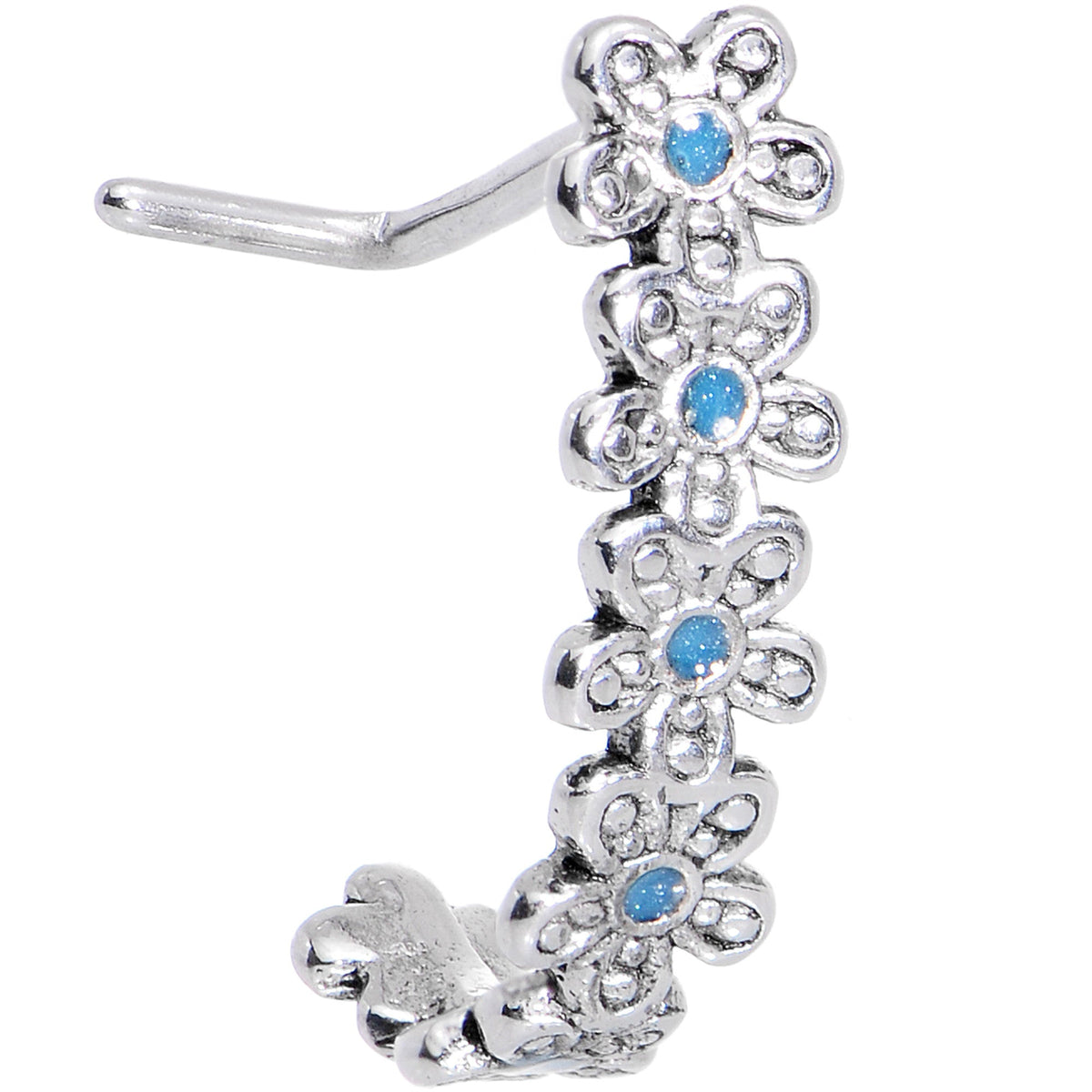 20G Blue Belle Daisy Flower Chain Faux Hoop L Shaped Nose Ring