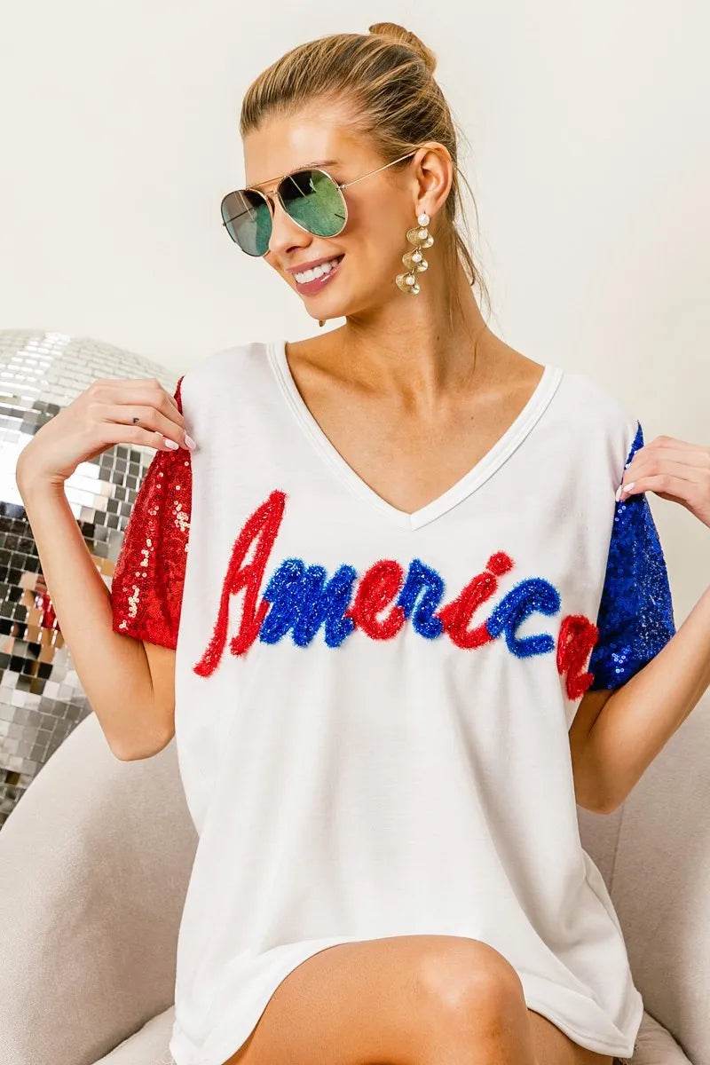 BiBi Metallic Letter V-neck Sequin Sleeves Top