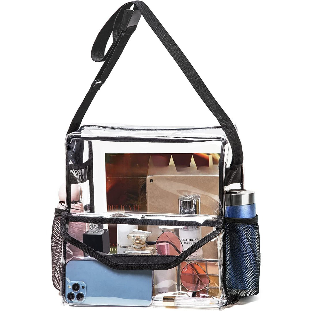 PVC transparent messenger bag, adjustable for travel sports events music venue, transparent shoulder bag large with compartments hobo
