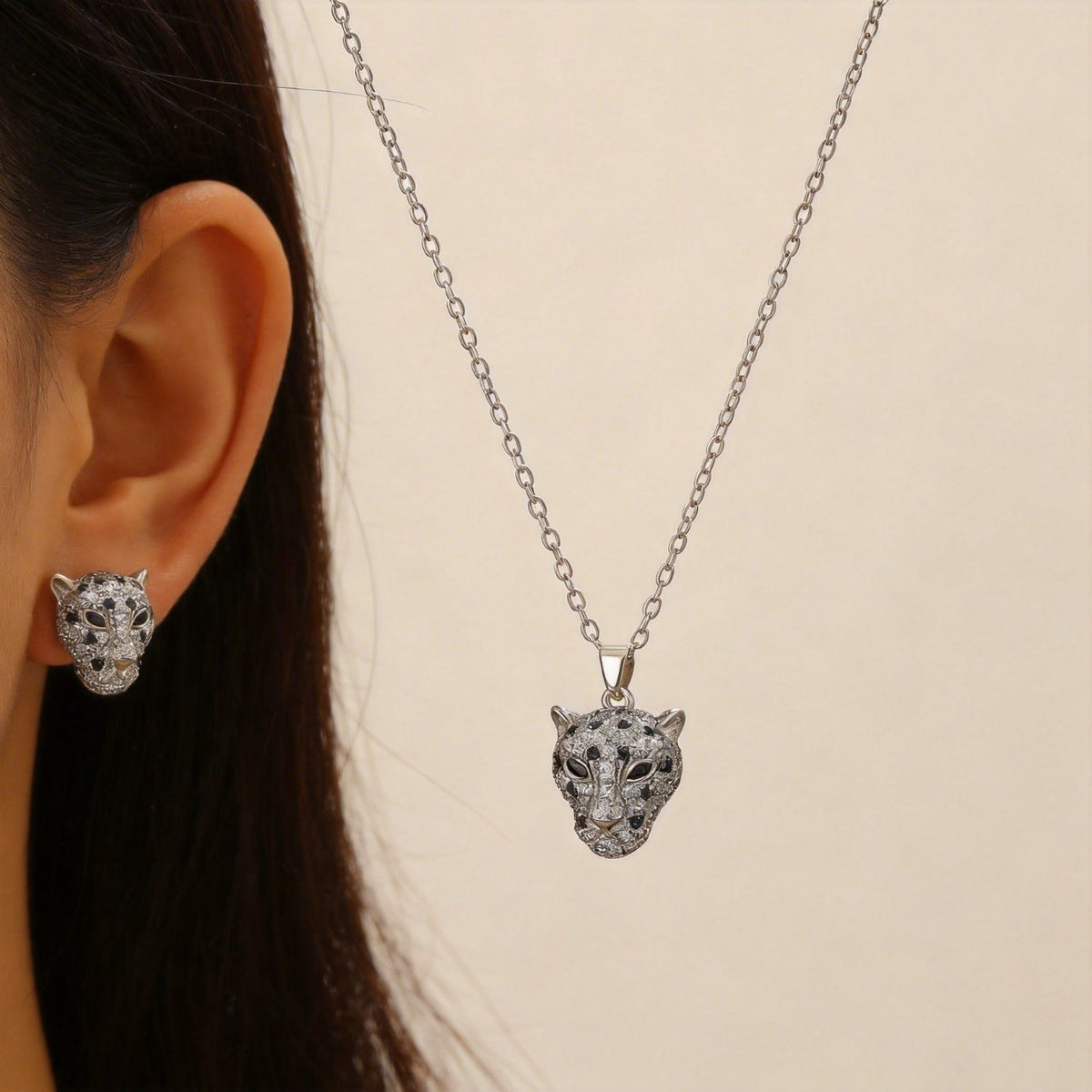 Hip Hop Leopard Head Pendant Necklace & Earrings Set Paved Zircon Luxury Jewelry