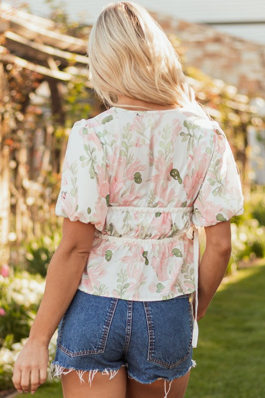 Alaiya Floral Puff Sleeve V Neck Tied Front Peplum