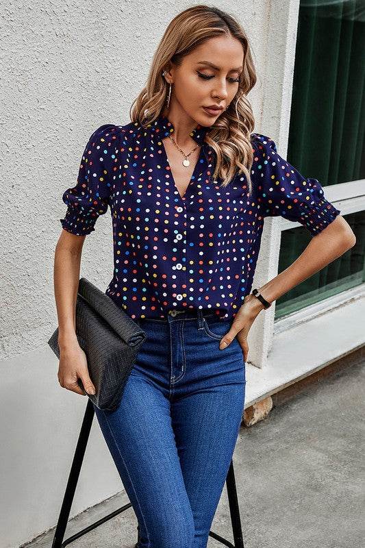 Polka Dot Print Puff Sleeve Loose Shirt