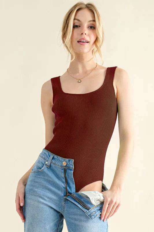 And The Why Ribbed Square Neck Bodysuit