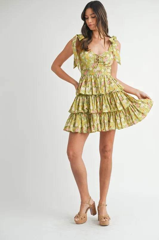 MABLE Floral Print Shoulder Tie Layered Mini Dress