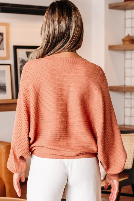 Ribbed Knit Button Front Dolman Sleeve Sweater Car