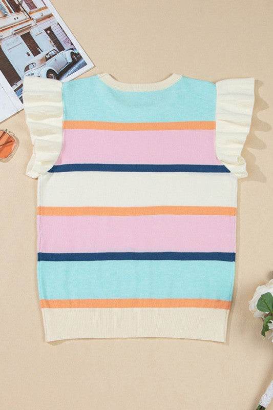 Yasmin Striped Flutter Sleeve Patchwork Top