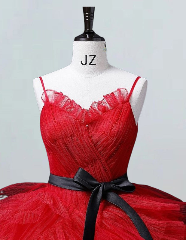 Red straps v neck ruffle pleated long tulle wedding dress gown beaded fluffy  long prom dress ball gown for women