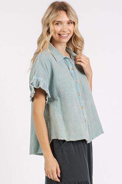 Mittoshop Mineral Washed Button Down Flounce Sleeve Shirt