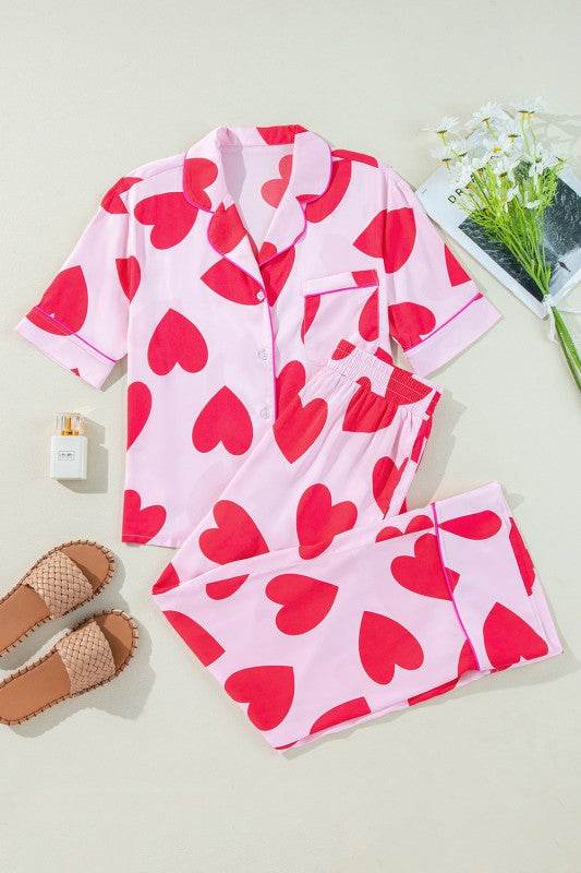 Heart Valentines Short Sleeve Pants Pajamas Set