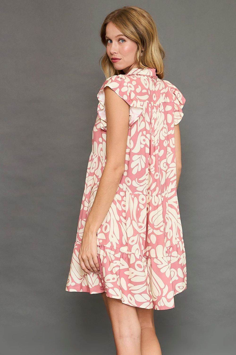 Umgee Full Size Two Tone Printed Ruffled Cap Sleeve Mini Dress Plus Size